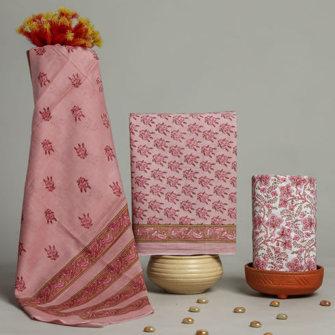 Traditional Hand Block Print Cotton Suit Set with Mulmul Dupatta (PRMUL85)